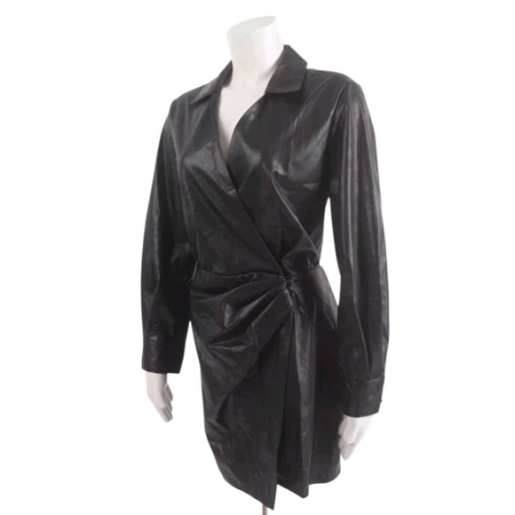 ZARA Faux Leather Wrap Mini Dress Black Long Sleeve Belted Shirt Style Dress S - Picture 2 of 12